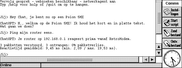 ChatGPT running as a dial-up BBS on a Psion 5MX, showing a successful ping of the local router through RetroModem