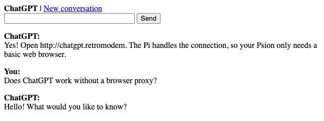 ChatGPT web interface rendered at Psion 5mx resolution