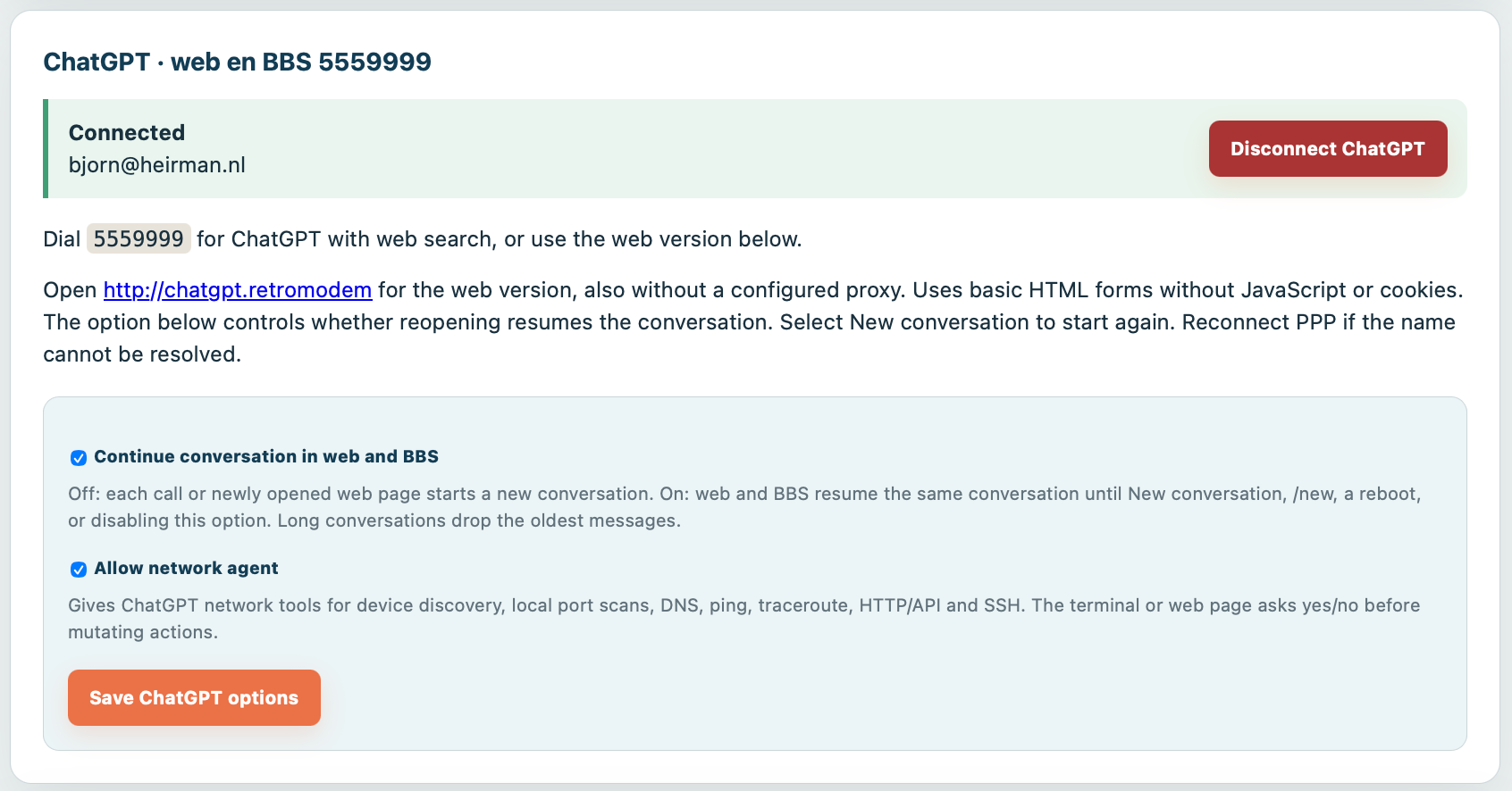 ChatGPT settings in the RetroModem web interface