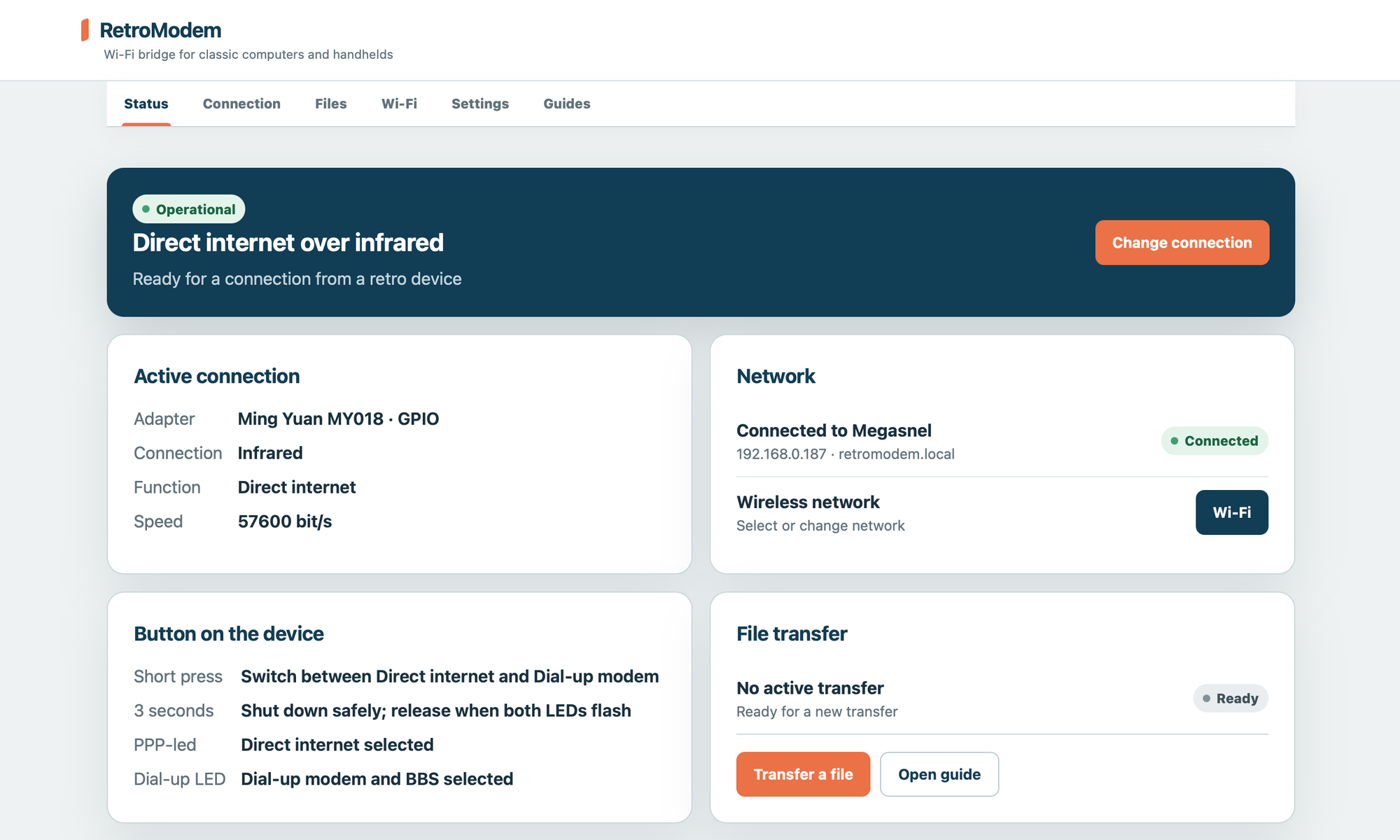 RetroModem web interface showing an operational direct internet connection over infrared at 57600 bit/s