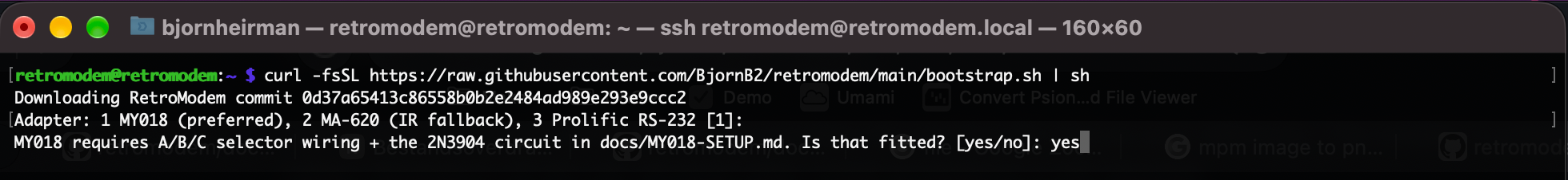 RetroModem bootstrap downloading a fixed commit and asking for the first adapter