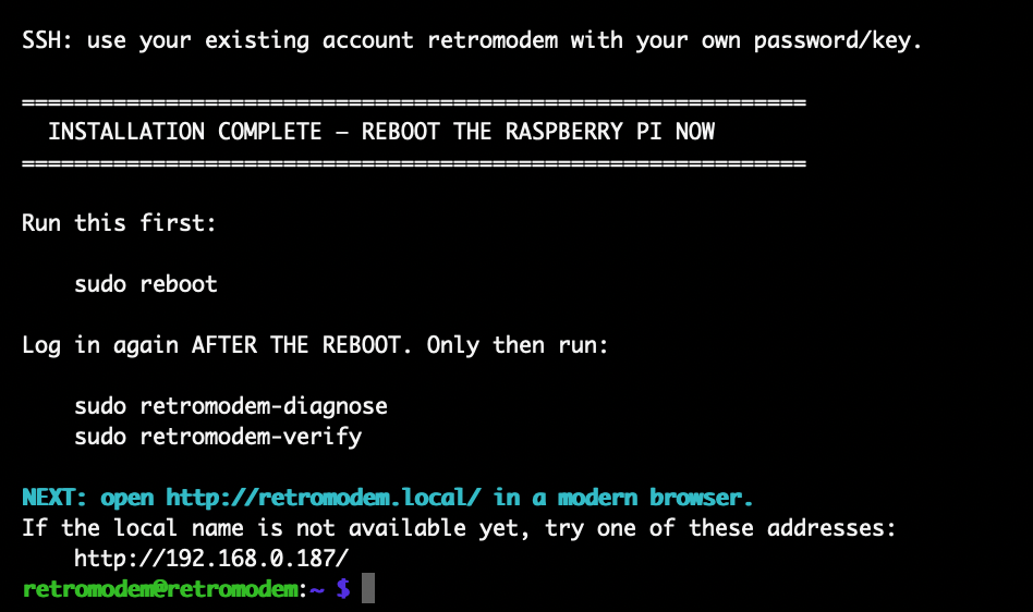 Completed RetroModem installation with reboot, verification and initial setup instructions