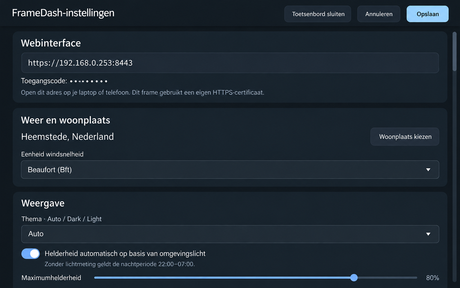 FrameDash settings page for location, display and remote configuration