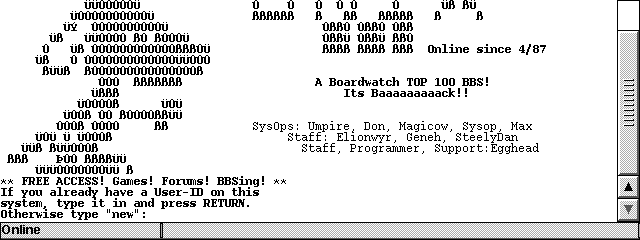 Onyx BBS opened from the Psion through a virtual RetroModem telephone number