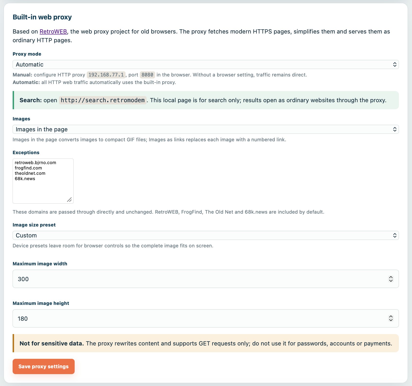 RetroModem settings for the built-in RetroWEB proxy