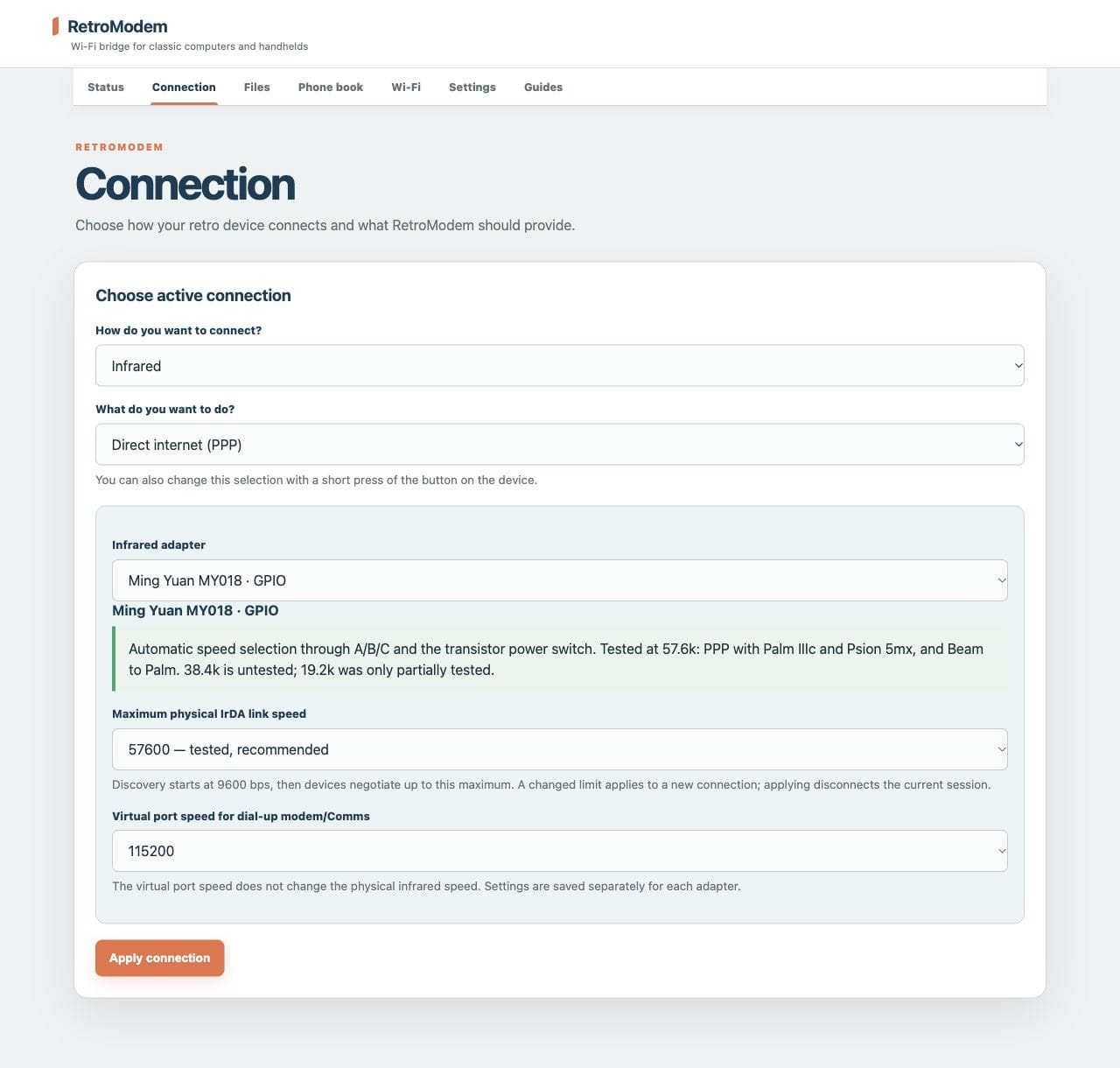 The RetroModem connection settings in the modern administration interface