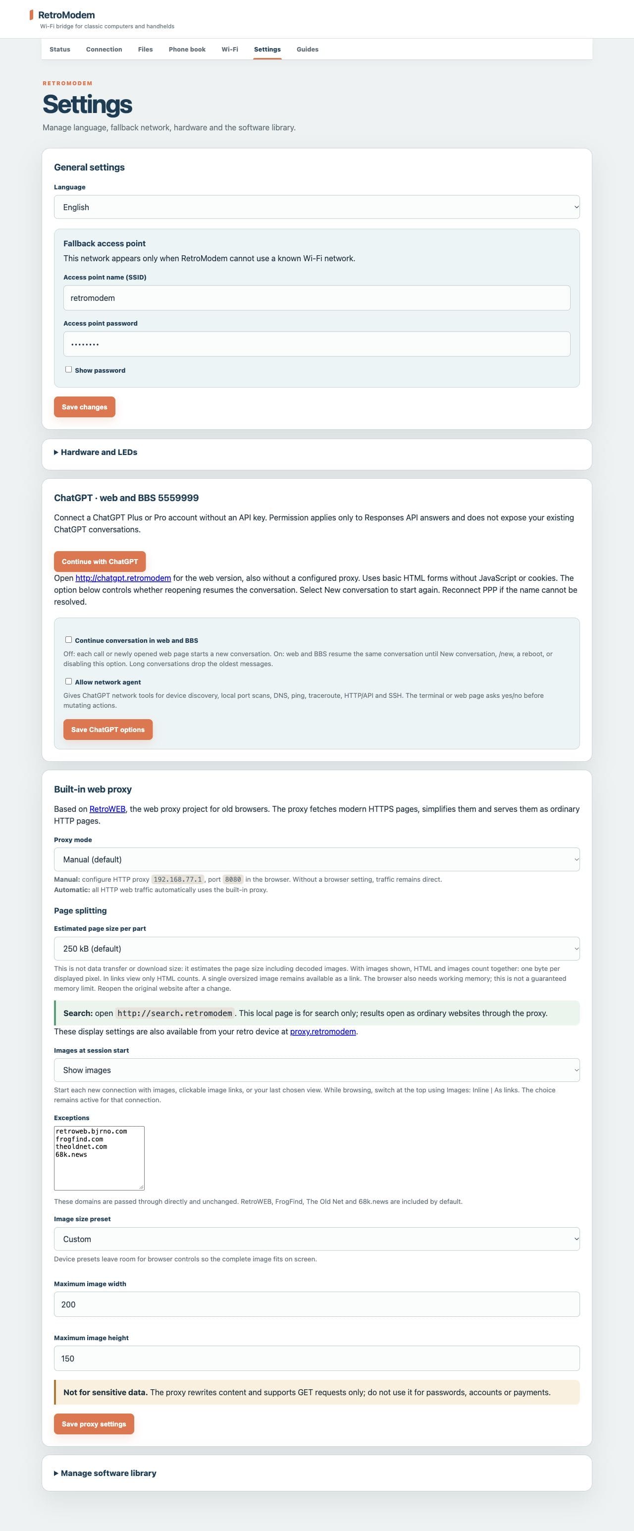RetroWEB and general settings in the RetroModem administration interface