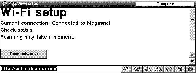 RetroModem scanning for Wi-Fi networks from the Psion browser